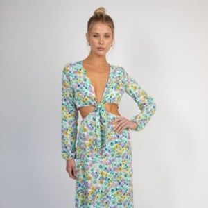 RESA Floral Tie-Front Long Sleeve Maxi Dress in Multi Pastel